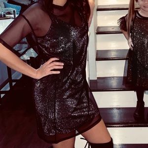 Black mesh, metallic mini dress